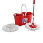 Kleeno by Cello Compacto Spin Mop with 2 Refill | 360 Degree Rotating Mop | Extendable Rods with Handle Lock | Floor Cleaning Mop | Mop with Bucket | Red