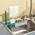 YEKDA Plastic Long Sink Shelf | Sponge Soap Holder | Expandable Kitchen Drying Basket Rack | Brush/Soap Drainer Rack
