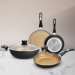 Bergner Optimum 3-Layer Non-Stick 5 Pcs Cookware Set – 28cm Tawa, 18cm Frypan, 24cm Frypan, 24cm (2.5 L) Kadai, 24cm Common Glass Lid for Frypan & Kadai, Bakelite Handle – Induction Bottom (Black)