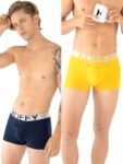 KOFFY Men’s Premium Cotton Lycra Mini Trunk with Minus Cutting Pouch I Silver Metallic Elastic I 4 Way Stretch I Wrinkle Free KI24_NB_YLW_XL_2PC