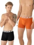 KOFFY Men’s Malleable Cotton Lycra Long Trunk with Minus Cutting Pouch I Wrinkle Free I Moisture Wicking Technology KI25_BLK_ORG_2XL_2PC