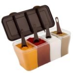Oblivion Masala Box 4-in-1 Spice Containers – Plastic Kitchen Storage Small Multipurpose Dabba, Transparent Airtight with Multicolor Lids & Spoons, Multi-Compartment for Pickle, Dry Fruits, Spices