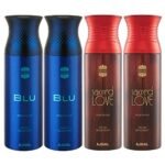 Ajmal 2 Blu & 2 Sacred Love Deodorant Spray- For Men & Women (200 ml, Pack of 4)
