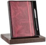 amazon basics A5 Journal/Notebook/Diary With Ribbon Bookmark & Metal Roller Ballpen | Gift Set For Corporate And Personal Occasions (Red)