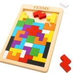 FEXME 40‑Piece Wooden Intelligence Puzzle – Colorful Tetris‑Style Blocks on a Smooth Wooden Board (Hexagon)