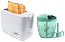 Pigeon 2 Slice Auto Pop up Toaster with Crumb Tray, Mid Cycle Heating Element (White) & Pigeon Handy Chopper with 5 Stainless Steel Blades and 1 Plastic Whisker (14077, XL, Green)