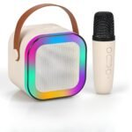 VRJTEC Bluetooth Speaker with Mini Wireless Karaoke Mic, RGB Lights with Changing Modes, 5 Voice Change Effects, Bluetooth V5.1 & Type C Fast Charging Port for Kids, Party Speaker (Beige – Color)
