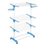 ABOUT SPACE 5.5 ft Clothes Drying Stand – 3 Layer Foldable Cloth Dryer Stand, Portable with Castor Wheels, 24 Hanger Rods & 2 Wings – Anti Rust Steel Sturdy Pole (Blue – L 75 x B 55 x H 165 cm)