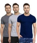 Scott International Men’s Regular Fit T-Shirt – Cotton Blend, Half Sleeve, Round Neck, Stylish, Solid Plain T-Shirt for Men, Mens Tshirt for Men – Pack of 3 (Navy Blue,Charcoal & Grey, XXL)