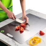 OrganizeMee Extra Large Steel Chopping Board for Kitchen 45 X 31.2 CM – Food-Grade, Stainless Steel, Cutting and Slicing Vegetable, Fruit Board with Anti-Skid Silicon Platform Countertop Pads