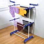FLIPZON Premium Clothes Stand for Drying with Wheels | Portable | 2 Layer Rack for Balcony | Foldable Wings | 14 Hanger Rods | Alloy Steel & Plastic (White & Blue)