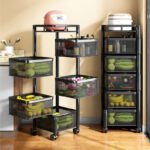 iBELL TS595 Kitchen Rack 5 Tier Rotating Stand, Basket Organizer, Portable Storage, Carbon Steel Kitchen Trolley(Pre-assembled)