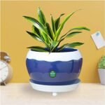 TrustBasket Table Top Planter Bowl with Saucer – Blue | Flower Planter for Home, Office, Living Room, Balcony, Garden Decoration, Best for Indoor Plantation