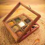 Sheesham Wooden Masala Dabba – 9 Compartment Spice Storage Box with Removable Containers & Spoon – Compact Kitchen Masala Box – Handcrafted, Easy to Clean (Brown)
