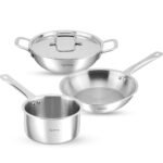 Lifelong Triply Kadai, Frypan & Saucepan for Cooking | Stainless Steel 24 cm Kadai & Fry Pan 22 cm with Glass Lid | 16 cm Sauce Pan | Induction Bottom & Gas Stove Cookware (Silver, LLTPKFPSP01)