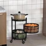 Kitchenstory Storage Rack | 360° Revolving Vegetable Kitchen Rack | Round Multipurpose Storage Trolley with Wheels | Metal Fruit Storage Rack | Kitchen Cabinet Spice Rack (Black, 2 Layer)