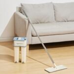 Amazon Basics Floor Mop With Bucket | Flat Squeeze Mechanism | 360° Flexible Head | 2 Reusable Pads | Clean Home Floor Cleaner Wipes (Single Dry Scraper 48” With 2 Pads)