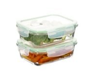 Amazon Brand – Solimo Borosilicate Glass Rectangle Container with Air-Vent Lid for Kitchen/Tiffin (420ml Each) | Airtight & Leak-Proof | Freezer, Microwave & Dishwasher Safe (Set of 2) (Transparent)
