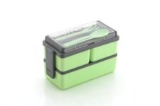 Plastic Lunch Box Comes with 3 Detachable Box, 2 Spoons & Stylish Lid Bpa Free, Air Tight,Easy to Carry in Bagpack Ideal for Office, School & Oudoor Double Decker (Multicolor), 1.4 Liters