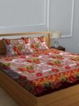 DECORUM Red Floral Double Bedsheet | 228 x 220 cm Soft Cotton Blend Bed Sheet with 2 Pillow Covers | Traditional Rose Print Bedding Set | Stylish & Comfortable Bedsheet for Bedroom & Guest Room
