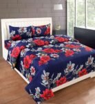 DECORUM Blue & Red Blossom Bedsheet Set | Soft Floral Double Bedsheet | Cotton Blend with Pillow Covers