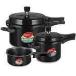 Pigeon by Stovekraft Hard Anodised Aluminium Pressure Cooker Combo – 2 L, 3 L and 5 L Induction Base Outer Lid Cooker (14414, Black)