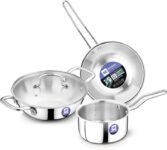 BERGNER BE Essentials Triply 4 Pcs Set of 22cm Kadai, 22cm Frypan, 14cm Saucepan – Induction Bottom Cookware Set(Triply, 4 – Piece)