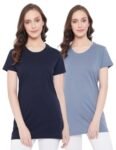 Orewa by OKANE Women’s Solid Long Round Neck Cotton T-Shirt (Pack of 2), Navy & Light Blue M