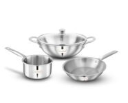 Greenchef Stainless Steel Tri ply Stainless Steel Crest Combo (Kadhai 22CM with Glass lid, FryPan 22CM, Saucepan 14CM) Exterior Surface, Induction Compatible, Scratch Resistant
