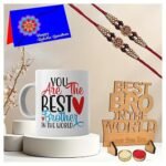 Sawardawalas Rakhi for Brother with Printed Ceramic Mug with Wooden Showpiecs |Pack of 6 (Greeting Card, Roli Chawal, 2 Rakhi, Printed Mug,Wooden Showpiecs) | Best Rakhi Gift for Brother.