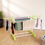 Amazon Brand – Solimo Premium Mild Steel Double Support Cloth Drying Rack | Foldable and Movable | Lightweight | White & Green