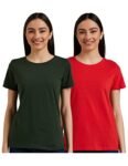 Amazon Brand – Symbol Women’s Solid Regular Fit Half Sleeve T-Shirt (SYMAW19RN13_Olive & Red_Medium) (Combo Pack of 2)