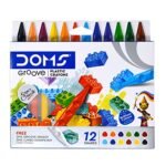DOMS Non-Toxic Groove Plastic Crayons | Free – One Groove Eraser & One Jumbo Sharpener (12 Assorted Shades)