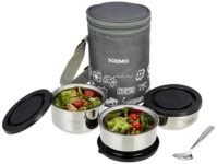 Amazon Brand – Solimo Stainless Steel Lunch Box Set of 4 with Fabric Bag | 3 Containers (370ml, 270ml & 270ml) & 1 Spoon | BPA Free Lids | Leak Proof | Easy to Clean | for Office, School, Travelling