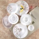 Larah by Borosil Silk Series Red Bud Opalware Dinner Set with Steel Spoon | 55 Pcs for Family of 8 | Microwave & Dishwasher Safe | Bone-Ash Free | Crockery Set for Dining & Gifting | Plates & Bowls