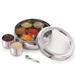 KC Stainless Steel Masala Dabba | Masala Box For Kitchen | Masala Dani | With 7 Spice Storage Container (Belly Shape, Glass Lid, 1500Ml), Silver