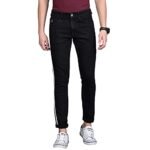 Campus Sutra Men’s Black Tapered Side Striped Denim Jeans | Stretchable Cotton Mid-Rise Denim Jeans Crafted with Comfort Fit and High Performance for Everyday Wear
