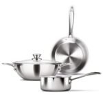 Milton Procook Triply Induction Base Cookware Set of 3 Stainless Steel |Sauce Pan 14 cm, Fry Pan 24 cm, Kadhai 24 cm with Glass Lid, Silver | Dishwasher Safe | Food Safe | Flame Safe