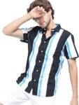 KETCH Men’s Striped Straight Fit Shirt (KHSH000815_Blue/Black M)