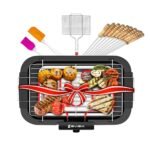 EVIZIA Barbeque Grill Electric Smokeless Indoor Outdoor Grill Portable Adjustable Temperature Control 2000W – Black (Stick_Net_Spatula & Oil Brush)