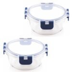 ATTRO Glassox Borosilicate Round Glass Lunch Box with PP Snap Lock Lid Food Storage Container Microwave & Freezer Safe Food-Grade Leak-Proof 400ml Set of 2