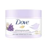 Dove Exfoliating Body Polish Scrub with Crushed Lavender & Coconut Milk for Dry Skin, Gently Exfoliates & Removes Dead Skin, Naturally Derived Ingredients, Sulfate-Free, Soothing Scent, 298 g