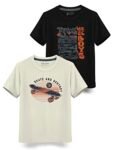 HELLCAT Trendy Typographic Printed Cotton Blend Half Sleeve T-Shirt for Boys – Pack of 2 / Beige & Black / 7-8 Years