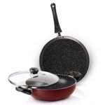Milton Pro Cook New Granito My Kitchen Set of 2,(Tawa 28 cm and Kadhai 24 cm/2.5 LTR with Glass Lid) Burgundy | Dishwasher Safe| Induction Safe | Gas Stove Safe | 2 Years Warranty