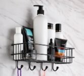 iSTAR GI Steel Self-Adhesive Multipurpose Bathroom Shelf with Hooks/Towel Holder/Rack/Bathroom Accessories-Wall Mount – (Black,Powder Coated) (Pack of 1)