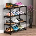 MAGICLY 4 Shelves Shoes Rack for Home Plastic, 4 Tier Shoe Rack with Shelf, Folding for Bedroom, Book Shelf, Footwear Stand (BLACK 4 LAYER)