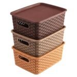 LEMBOSE Multipurpose Solitaire Storage Basket with Lid|Strong Plastic Material & Side Grip|Size Small 25 x 19 x 10.5,Pack of 3 (Multi)-CTLTC010898
