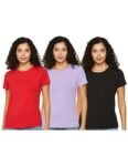 Amazon Brand – Symbol Women’s Solid Cotton Stretch Half Sleeve Round Neck Regular Fit T-Shirt (Pack of 3) (RN-PO3-COMBO24_Black, Red & Lavendar M)