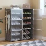 WeCool SR-B12 Upgraded Shoe Rack for Home Plastic, Portable Shoe Rack with Dustproof Door for Heels/Slippers/Boots, 12-Layer Shoe Storage Cabinet with Hooks for Entryway or Bedroom – Black