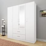 VIKI Wardrobe | Wooden Almirah for Clothes,Door for Bedroom, 4 Door Wardrobe with Drawer, Mirror & Hanging Space (Frosty White – 40D x 160W x 180H) | 1 Year Warranty | Free Assembly